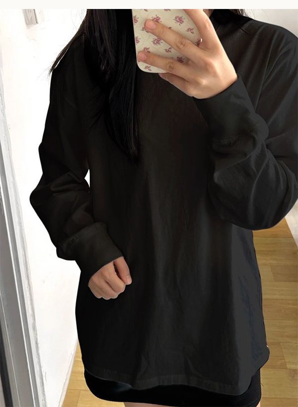 批发纯棉圆领长袖T恤女春秋白色叠穿上衣纯色基础宽松内搭打...