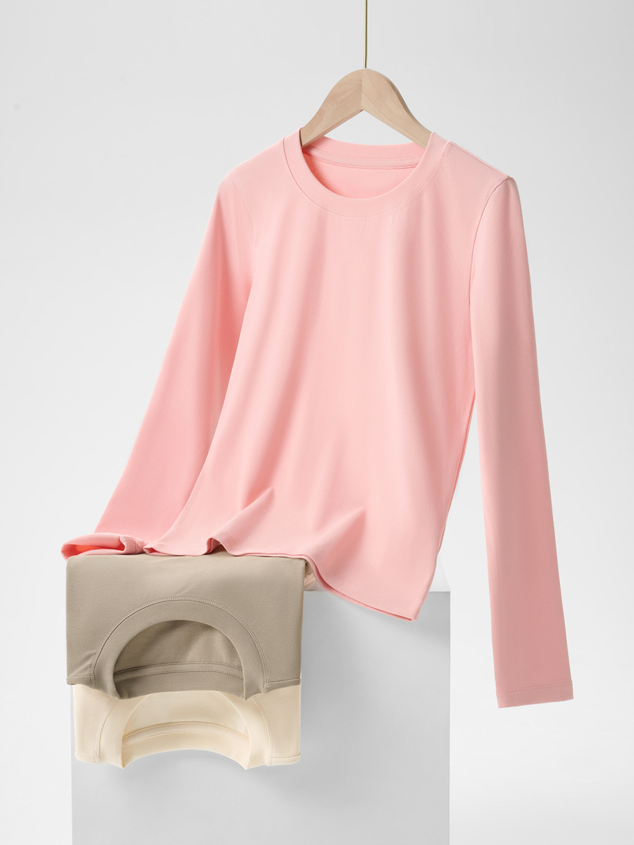 圆领正肩长袖t恤女春秋新款修身短款显瘦内搭上衣纯欲风打底...