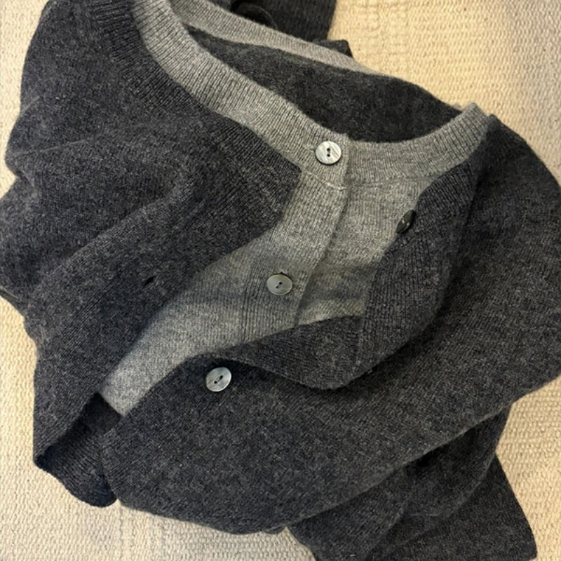 开衫女秋冬灰色假两件针织衫高级感老钱风毛衣外套