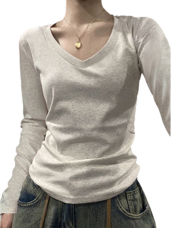 棉正肩长袖T恤新款圆领修身基础ins纯色辣妹打底显瘦上衣