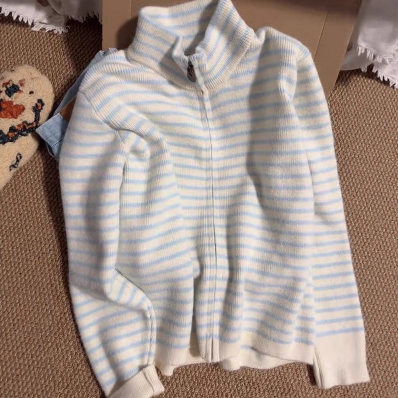 韩系设计感撞色条纹针织开衫2025秋冬新款立领拉链毛衣外...