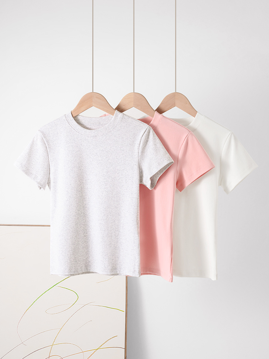 正肩短袖t恤女法式圆领2025夏季短款弹力修身辣妹风显瘦...